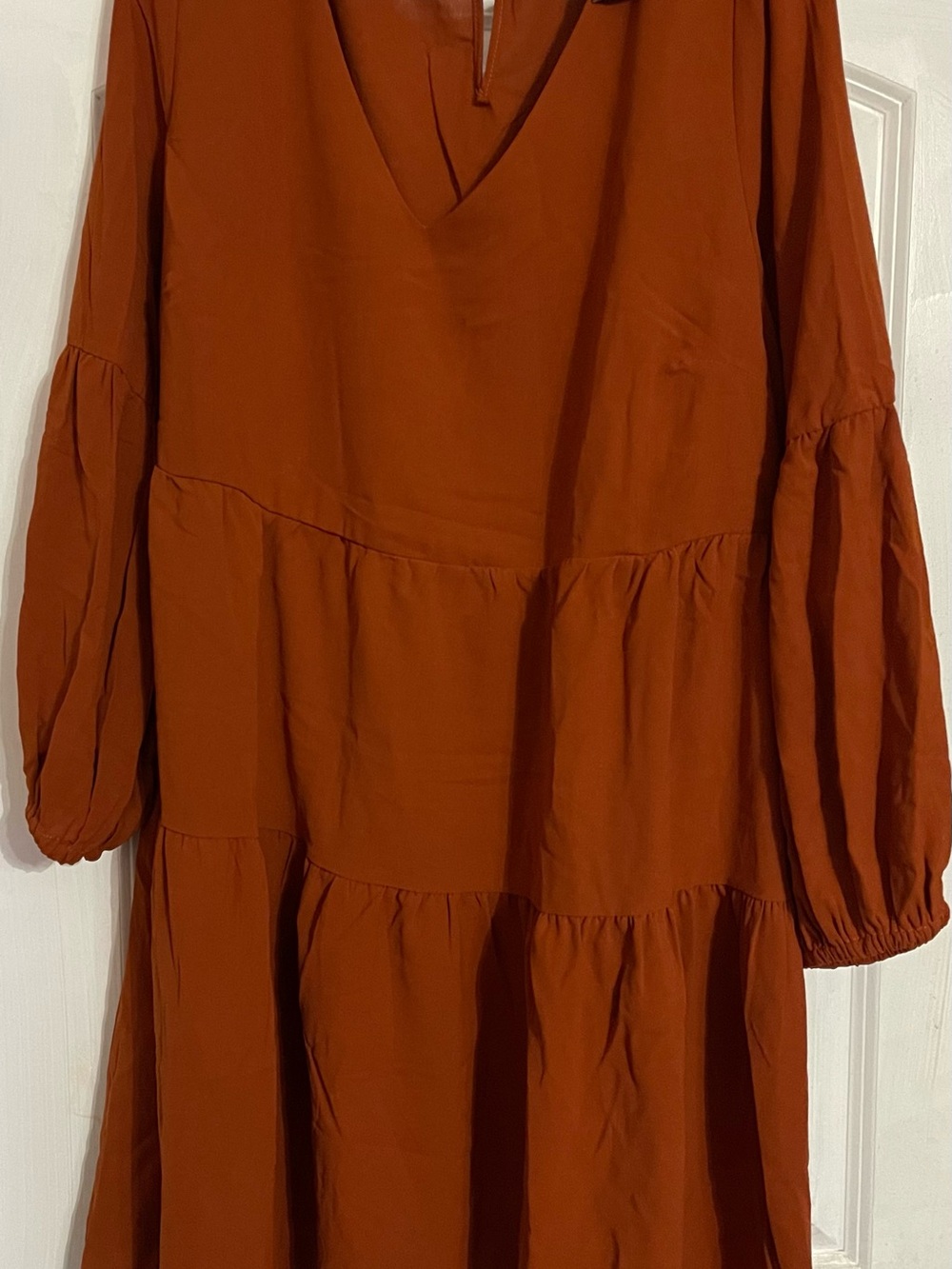 Tiered V-Neck Long Sleeve Dress in Rust
